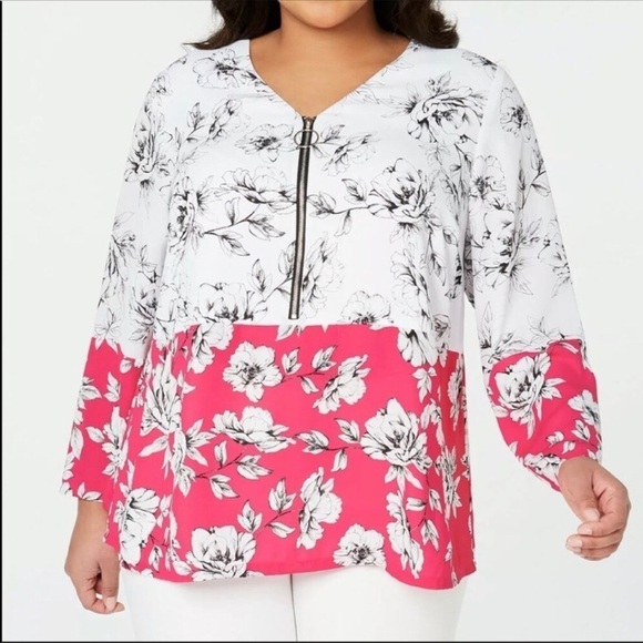 NEW Alfani Plus Top Blouse White Fuchsia Floral Peony Long Sleeves V Neck 0X - Picture 1 of 8